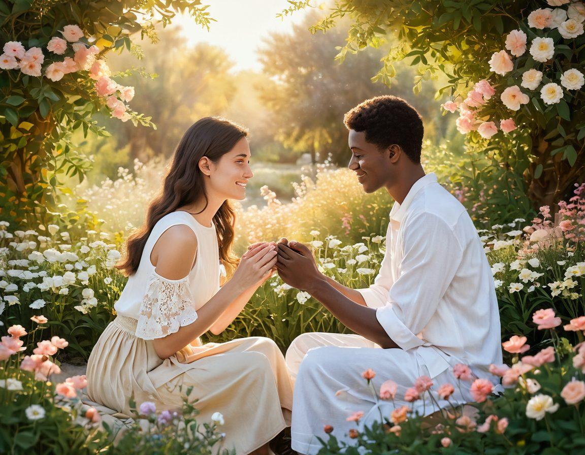 A heartwarming scene depicting two diverse individuals engaging in a thoughtful conversation, surrounded by blooming flowers symbolizing kindness and connection. Soft golden light bathes the scene, enhancing the warmth and intimacy of the moment. Add visual elements like linked hands or floating hearts to symbolize adoration and partnership. painterly style. soft pastels. natural setting.