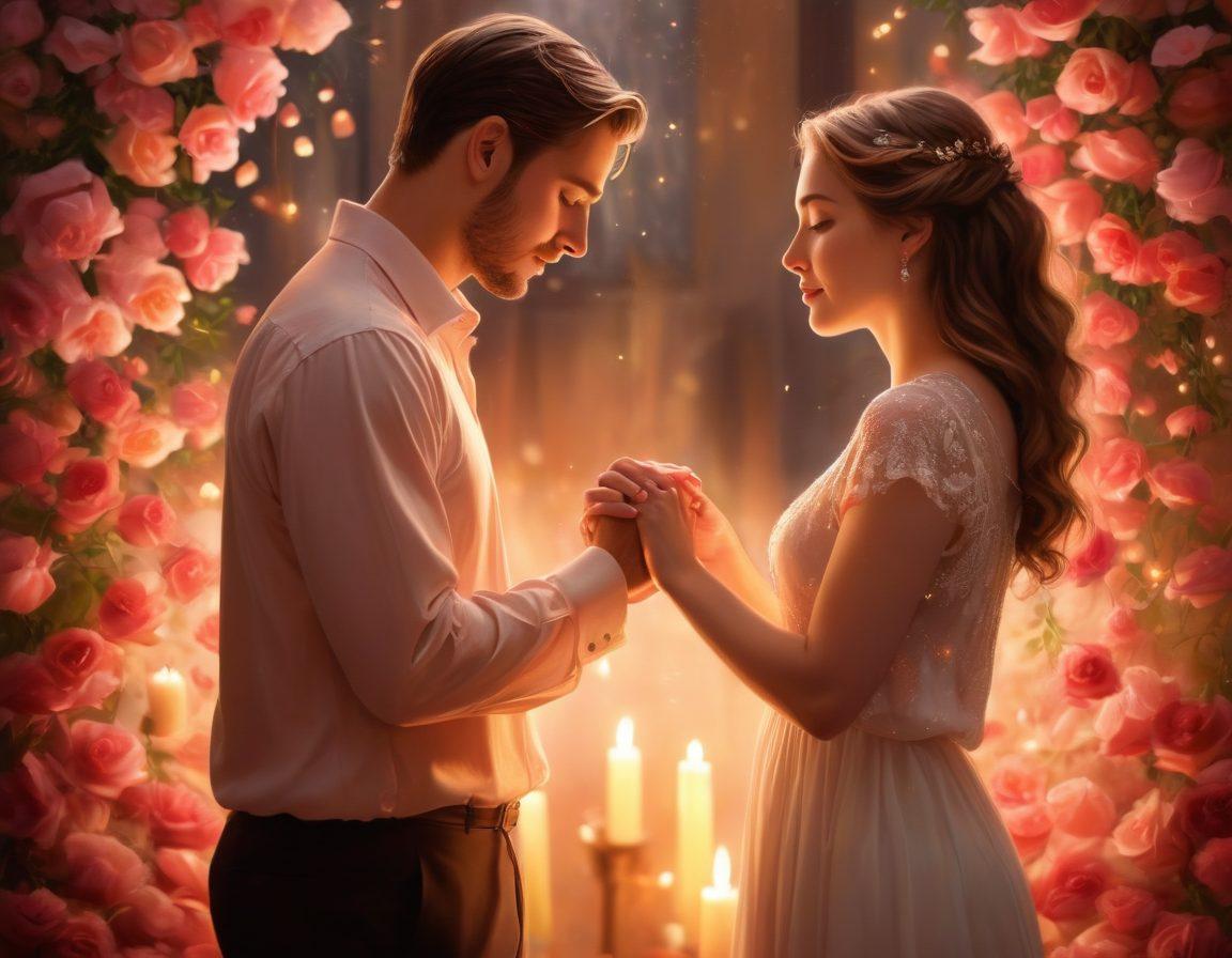 A romantic setting depicting a couple sharing intimate gestures like holding hands, surrounded by soft candlelight and delicate rose petals. The backdrop should feature a cozy, dimly lit venue with a warm color palette, evoking feelings of love and connection. Elements of nature like twinkling stars and gentle flowers should enhance the atmosphere. The couple appears deeply engaged, reflecting the journey from courtship to soulmate connection. painting. warm colors. soft focus.