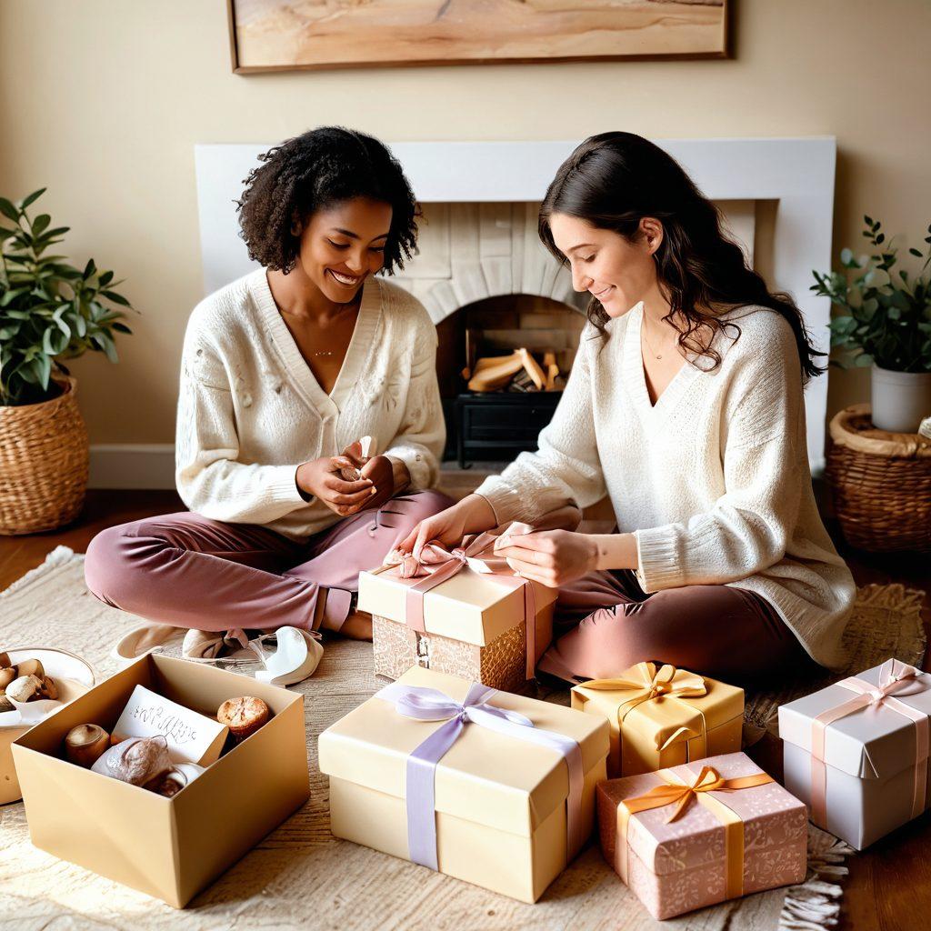 A warm and inviting scene showcasing two people exchanging heartfelt gifts in a cozy, softly lit room. Surround them with symbolic representations of the five love languages: words of affirmation, acts of service, receiving gifts, quality time, and physical touch, like handwritten notes, a helping hand, wrapped presents, a sunny picnic setup, and intertwined hands. Incorporate touches of love, like heart motifs and gentle pastel colors. super-realistic. vibrant colors.